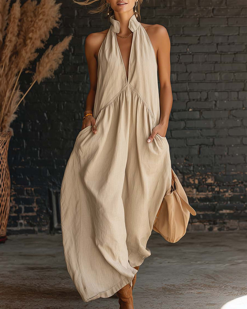 Sleeveless Stand-Collar Solid-Color Maxi Dress