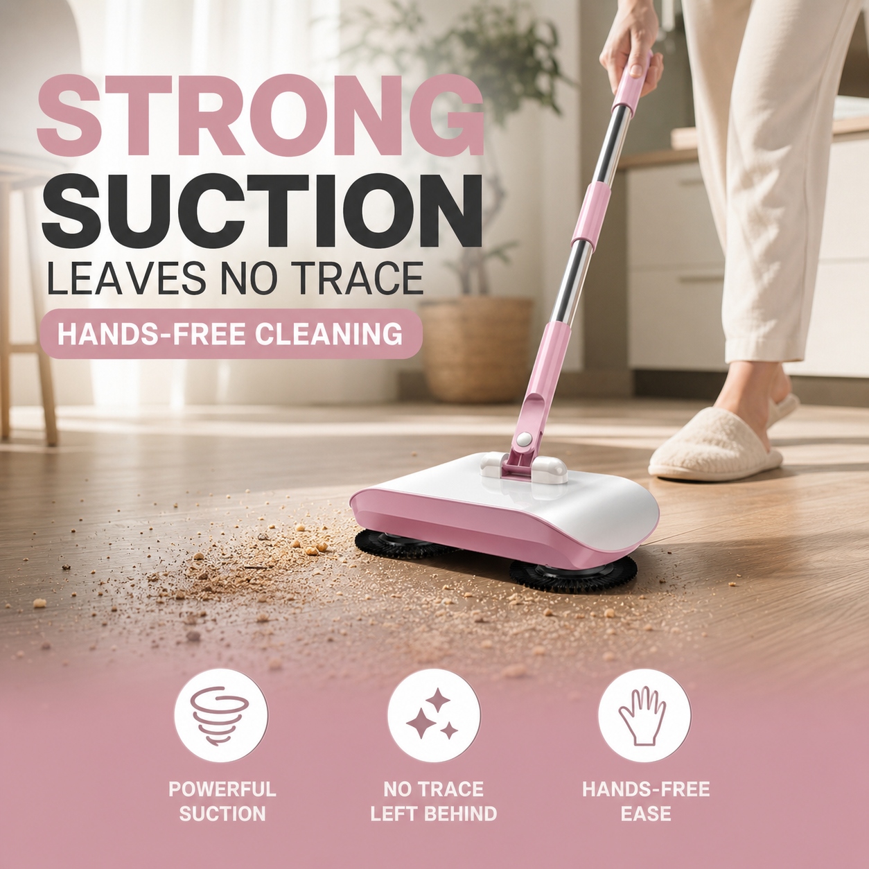 Manual Hands-Free Sweeper Broom, 3-in-1 Sweep Suction Mop Cleaner with Strong Suction Streak-Free Floor Cleaning for Pet Hair Dust Debris
