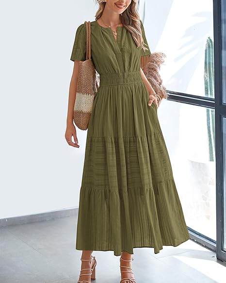 Women's Lightweight Short Sleeve V Neck Elastic Waist Dress