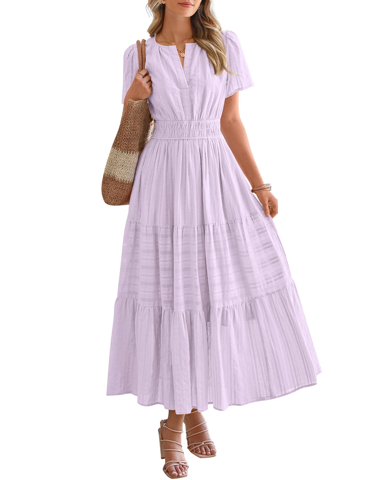 Women's Lightweight Short Sleeve V Neck Elastic Waist Dress