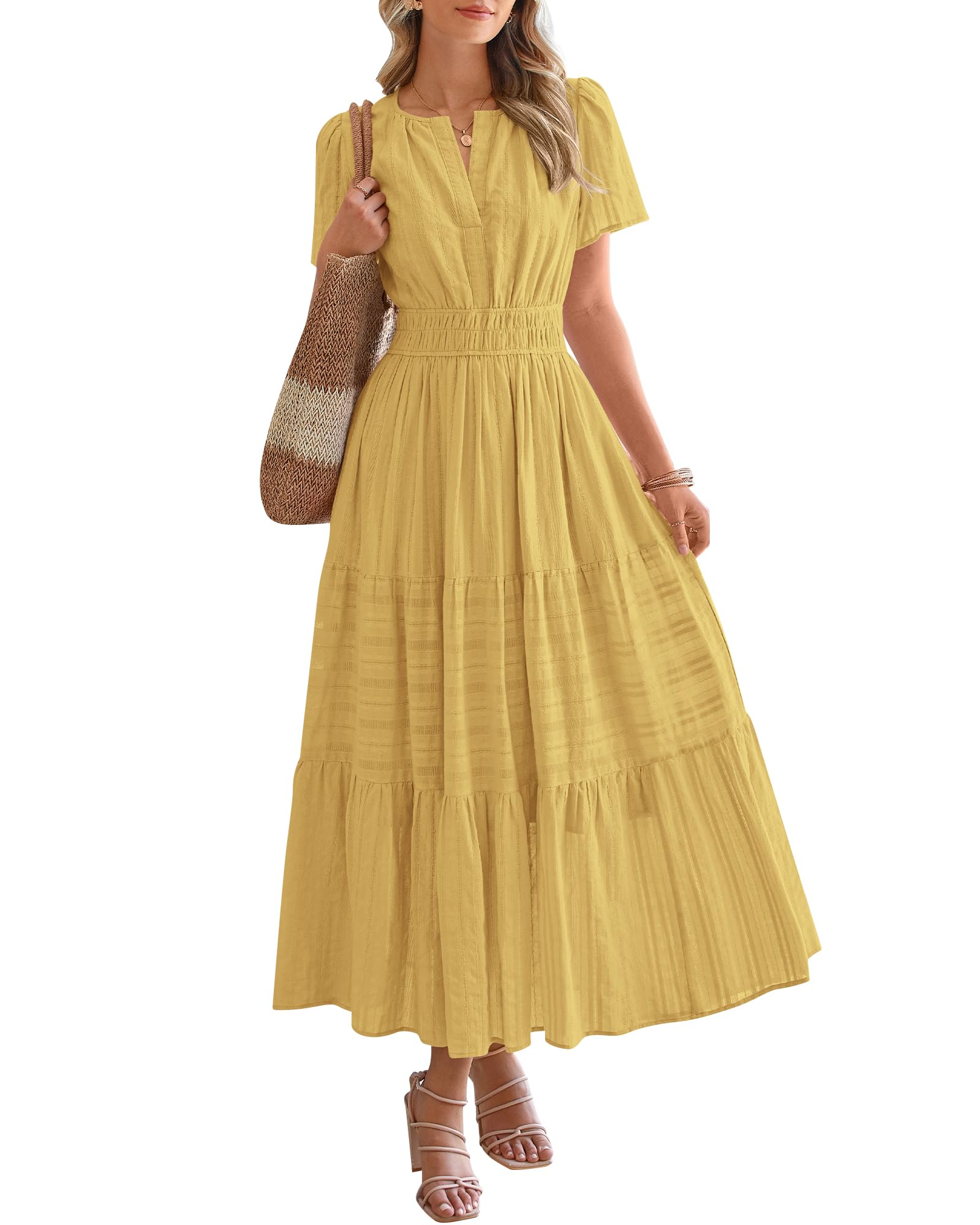 Women's Lightweight Short Sleeve V Neck Elastic Waist Dress