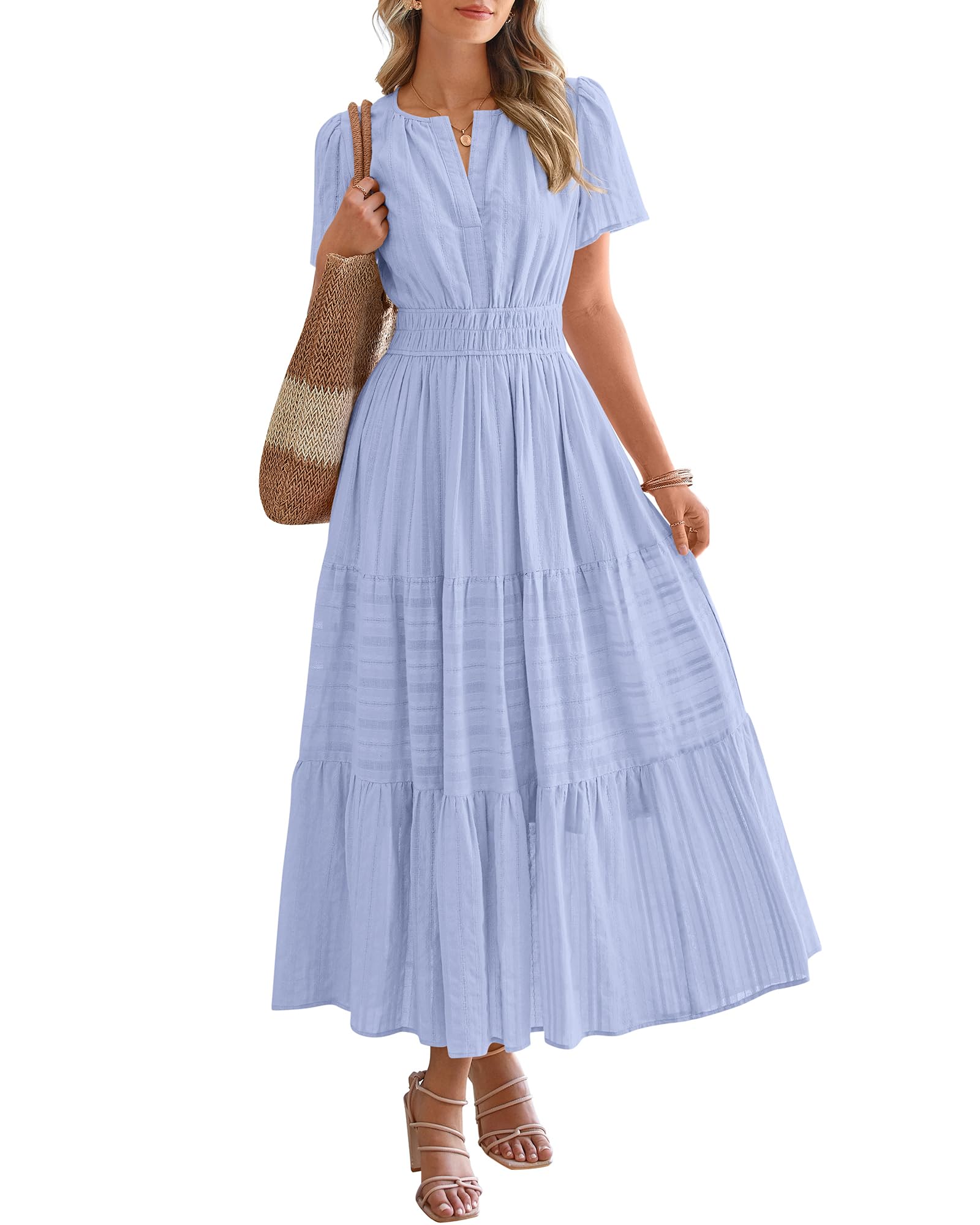 Women's Lightweight Short Sleeve V Neck Elastic Waist Dress