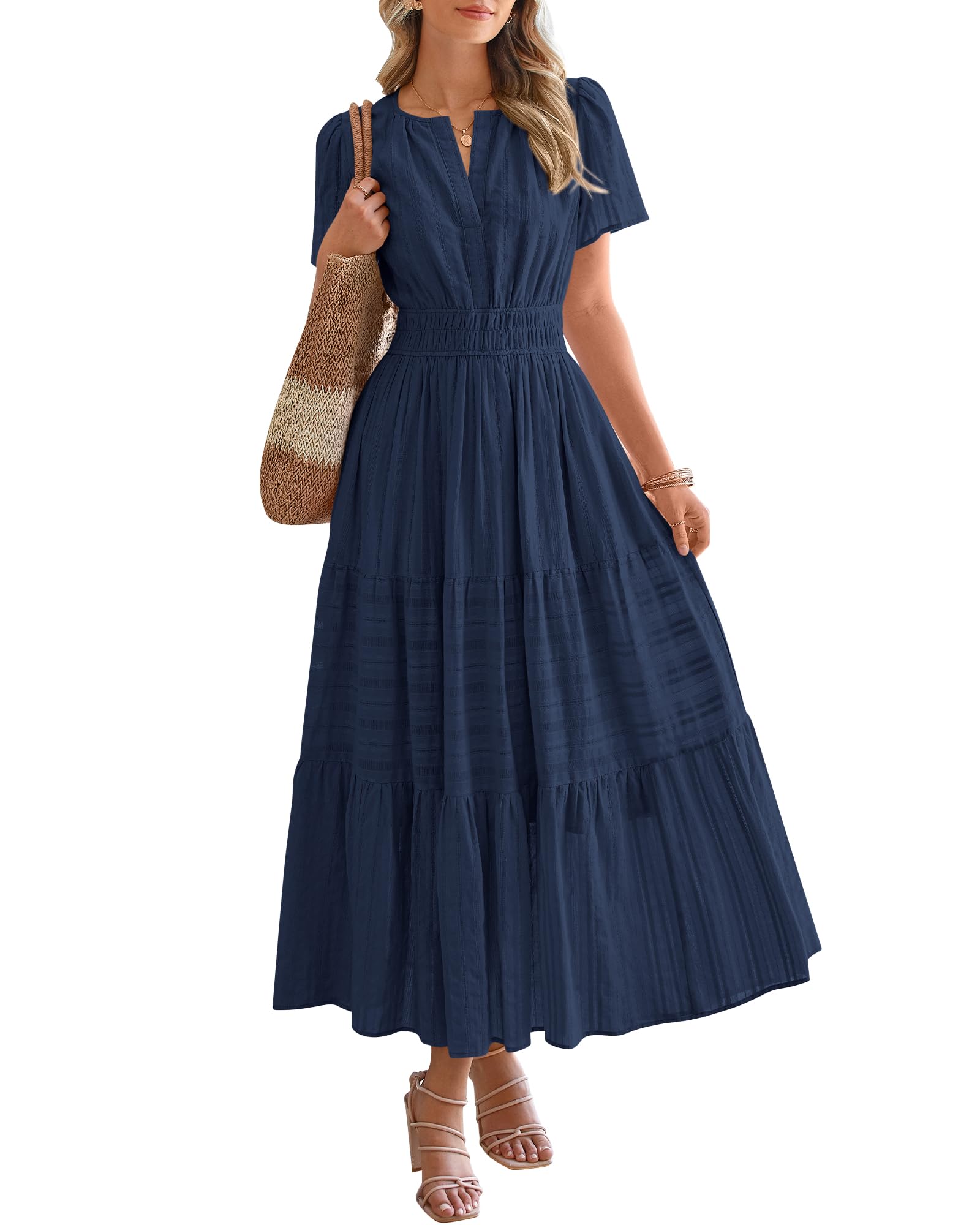 Women's Lightweight Short Sleeve V Neck Elastic Waist Dress