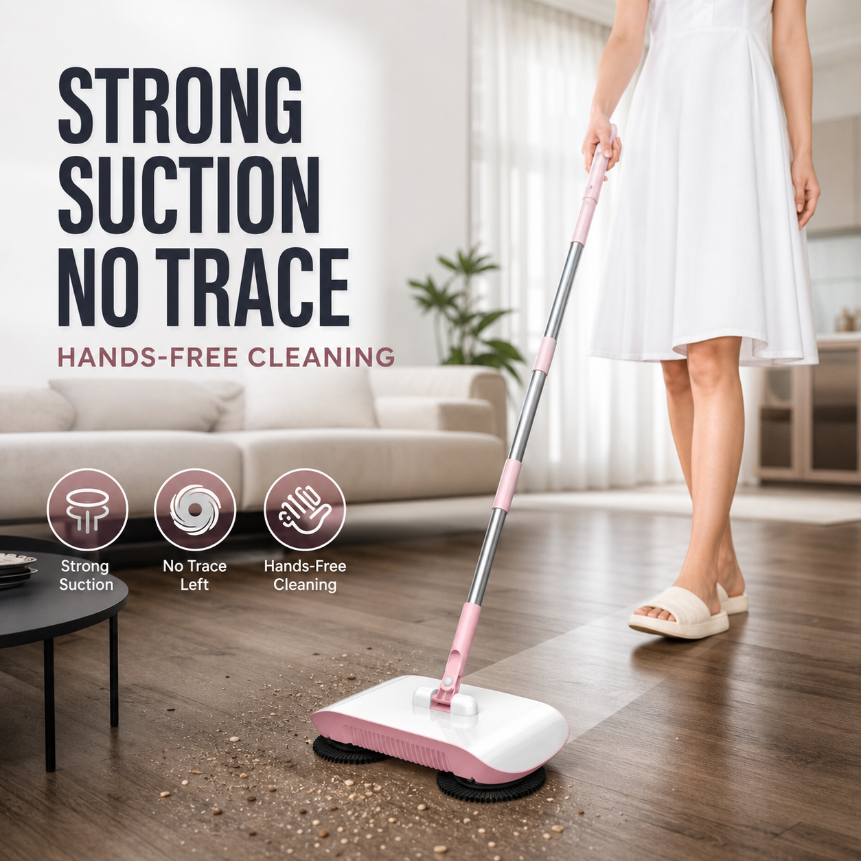 Manual Hands-Free Sweeper Broom, 3-in-1 Sweep Suction Mop Cleaner with Strong Suction Streak-Free Floor Cleaning for Pet Hair Dust Debris