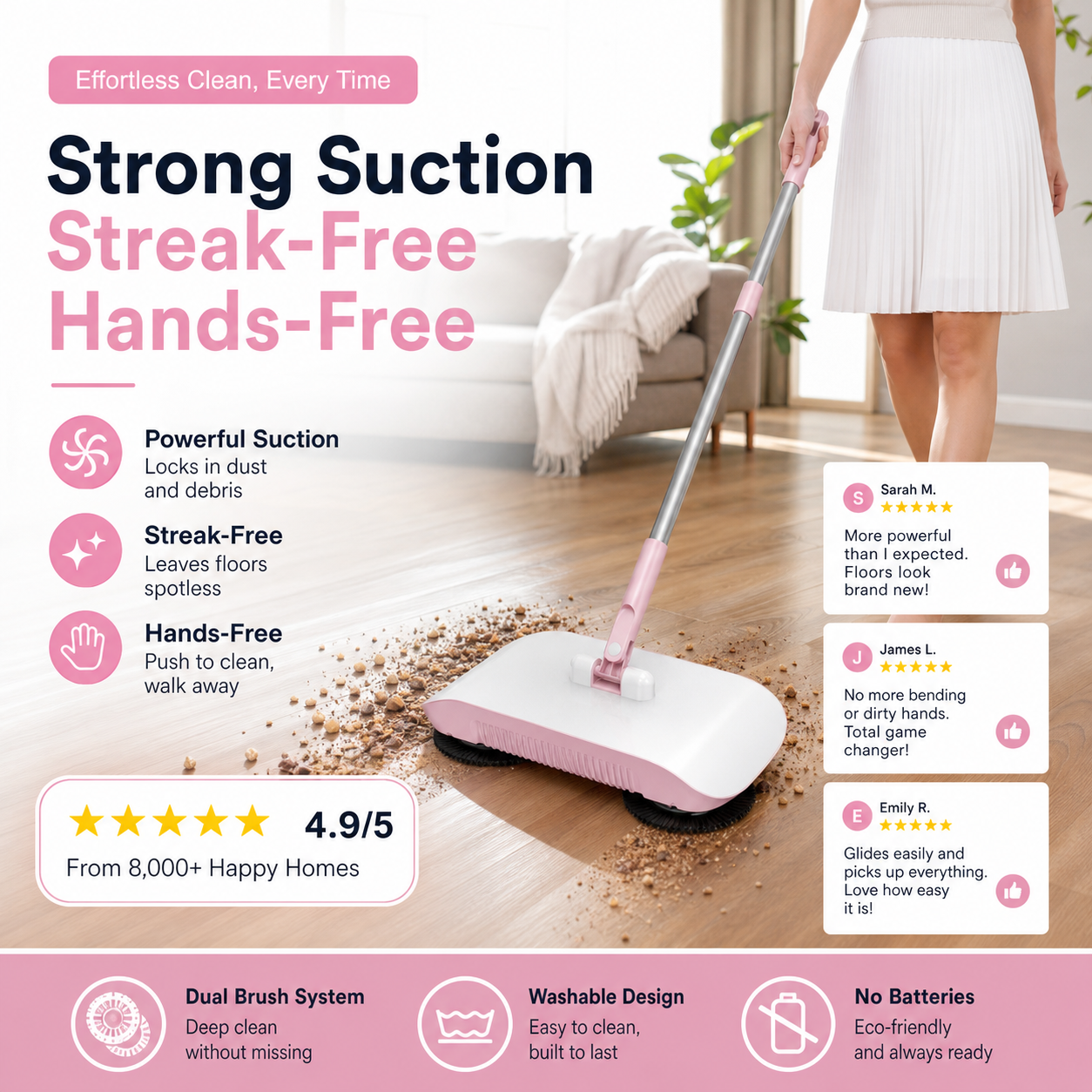 Manual Hands-Free Sweeper Broom, 3-in-1 Sweep Suction Mop Cleaner with Strong Suction Streak-Free Floor Cleaning for Pet Hair Dust Debris