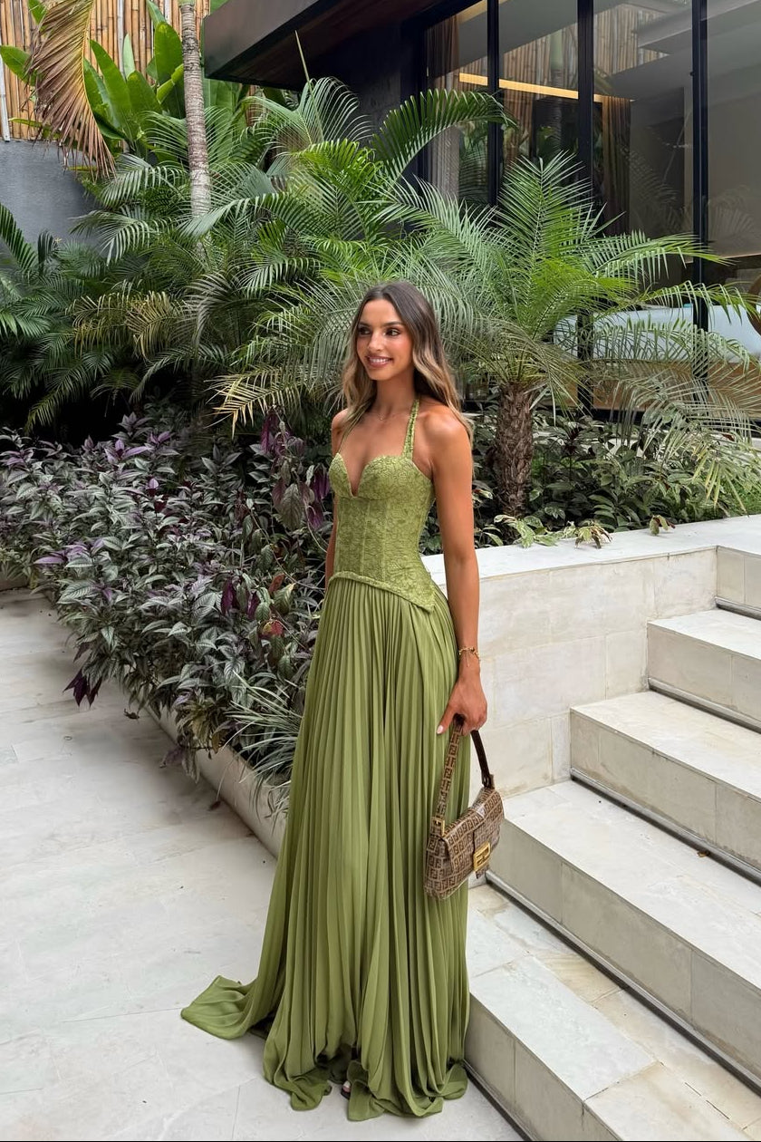 Women's Pleated Corset Maxi Wedding Guest Dress