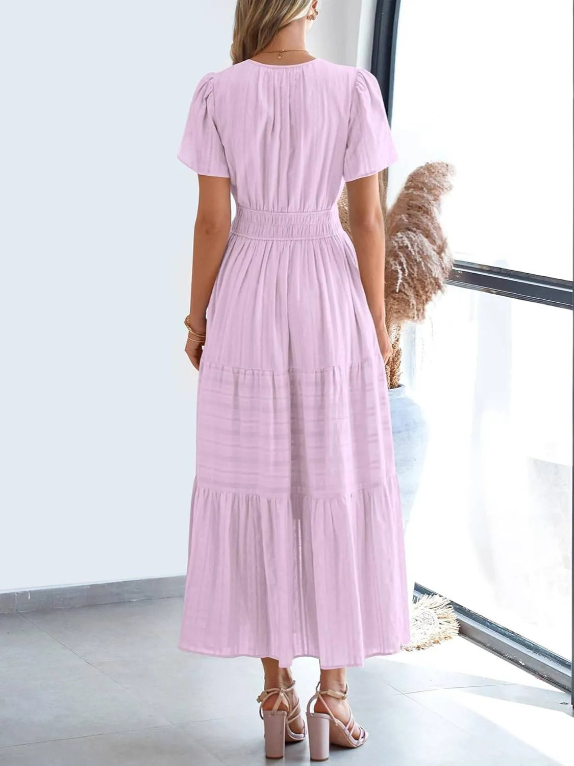 Women's Lightweight Short Sleeve V Neck Elastic Waist Dress