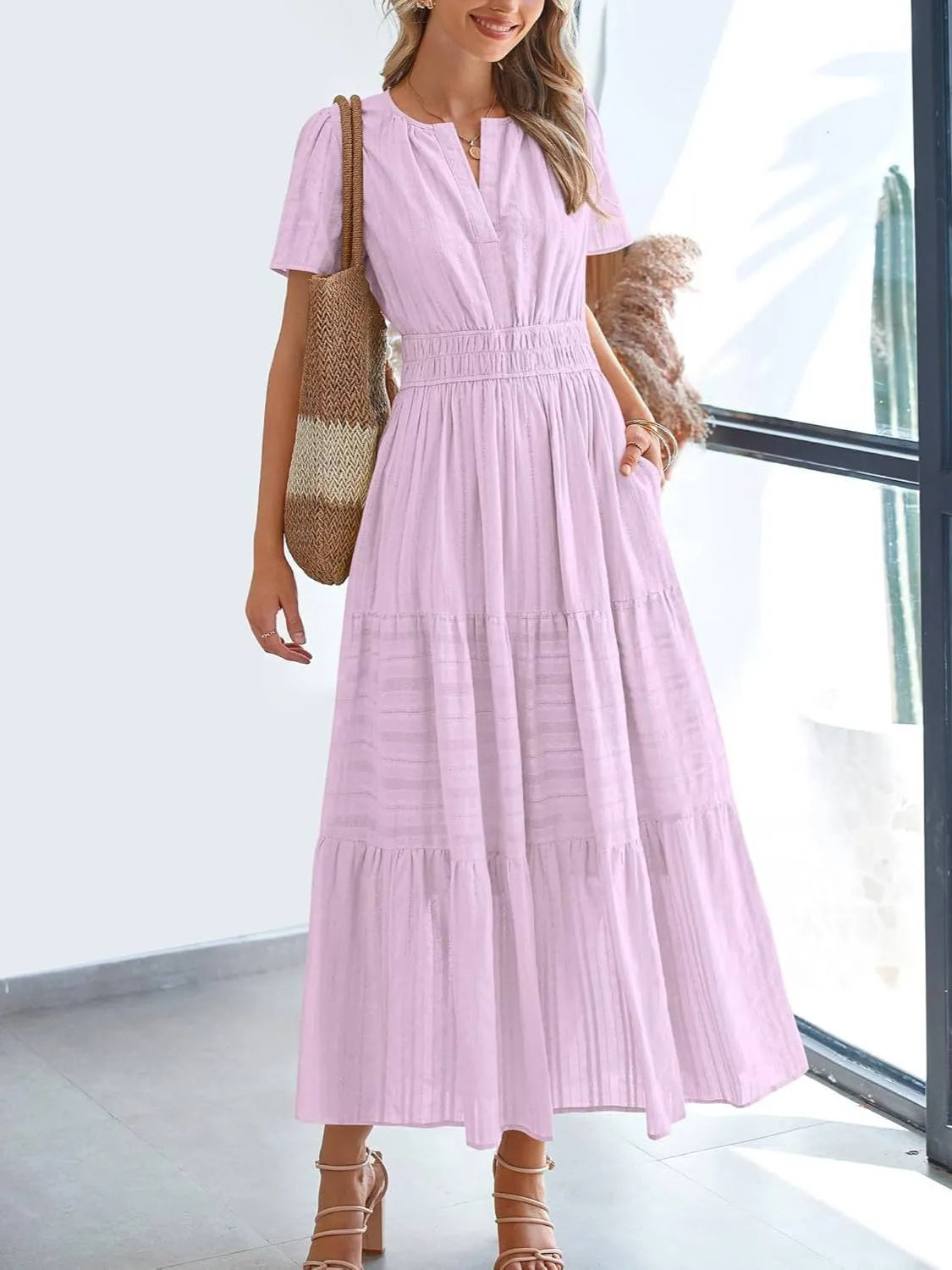 Women's Lightweight Short Sleeve V Neck Elastic Waist Dress