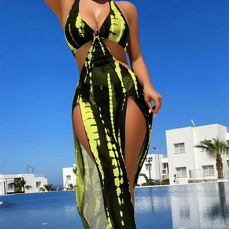 Striped Two-Piece Swimsuit – Halter Neck Tie, Ring Detail, High Stretch