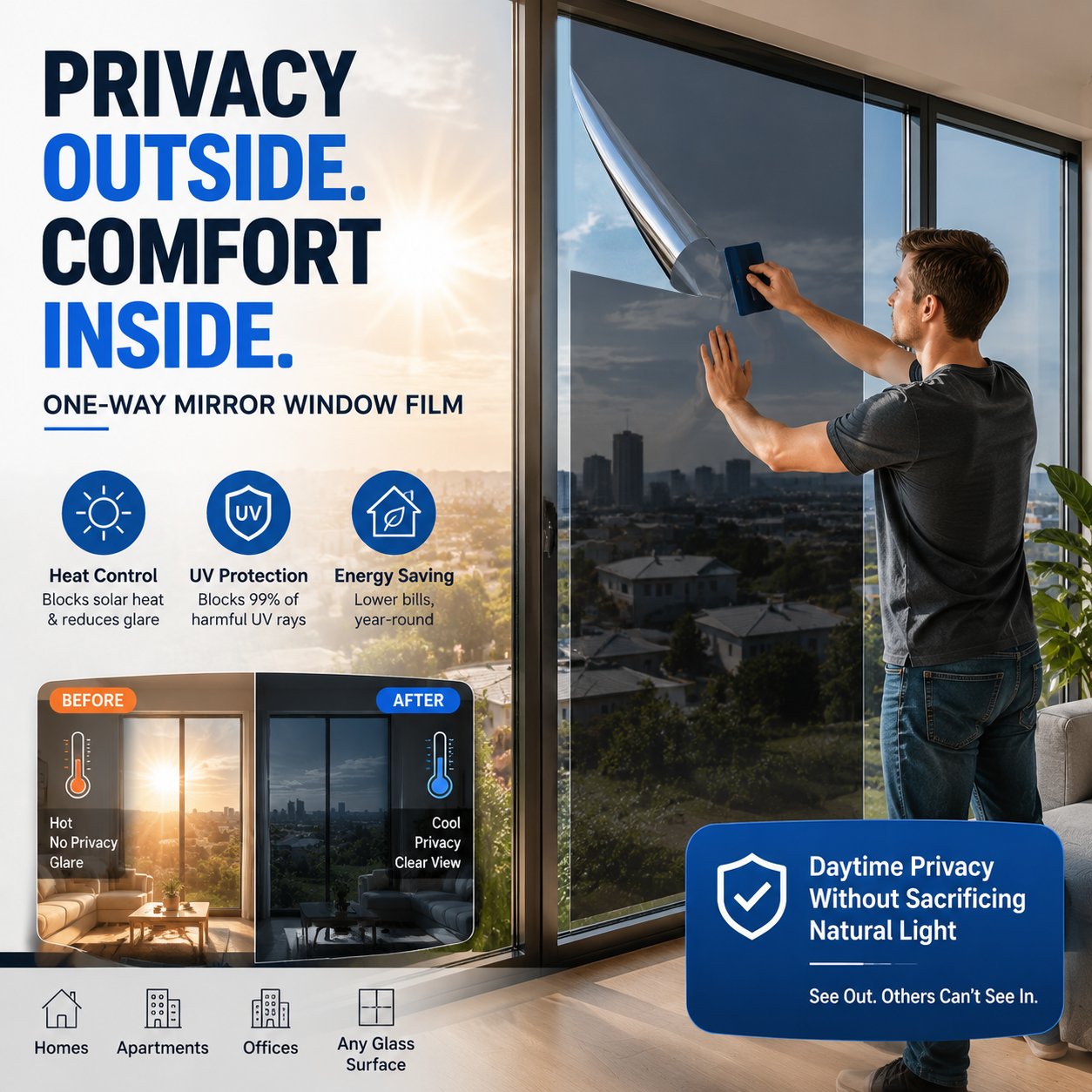  One-Way Mirror Window Film – Heat Control & UV Protection