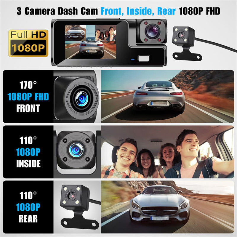 Dash Cam 3 Cameras 1080P HD – Front + Interior + Rear with Reverse