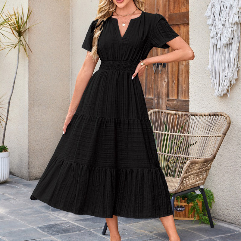 Women's Lightweight Short Sleeve V Neck Elastic Waist Dress