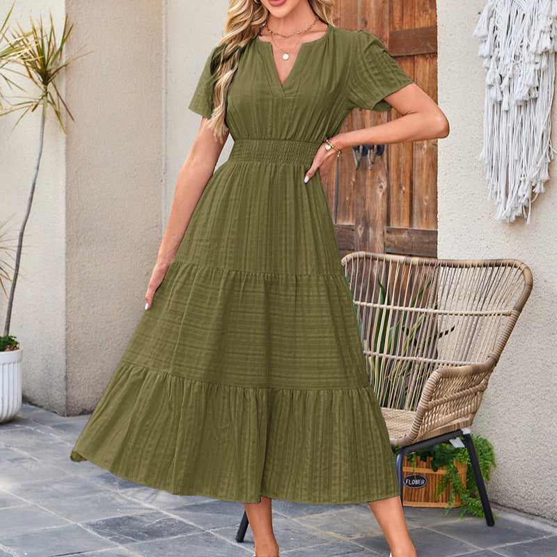 Women's Lightweight Short Sleeve V Neck Elastic Waist Dress