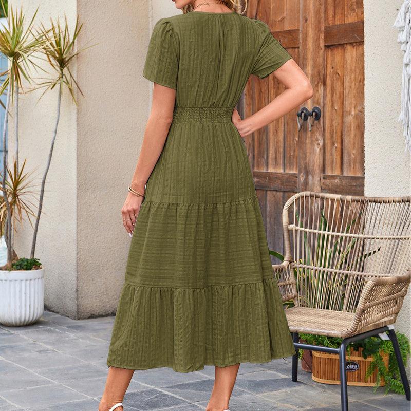 Women's Lightweight Short Sleeve V Neck Elastic Waist Dress