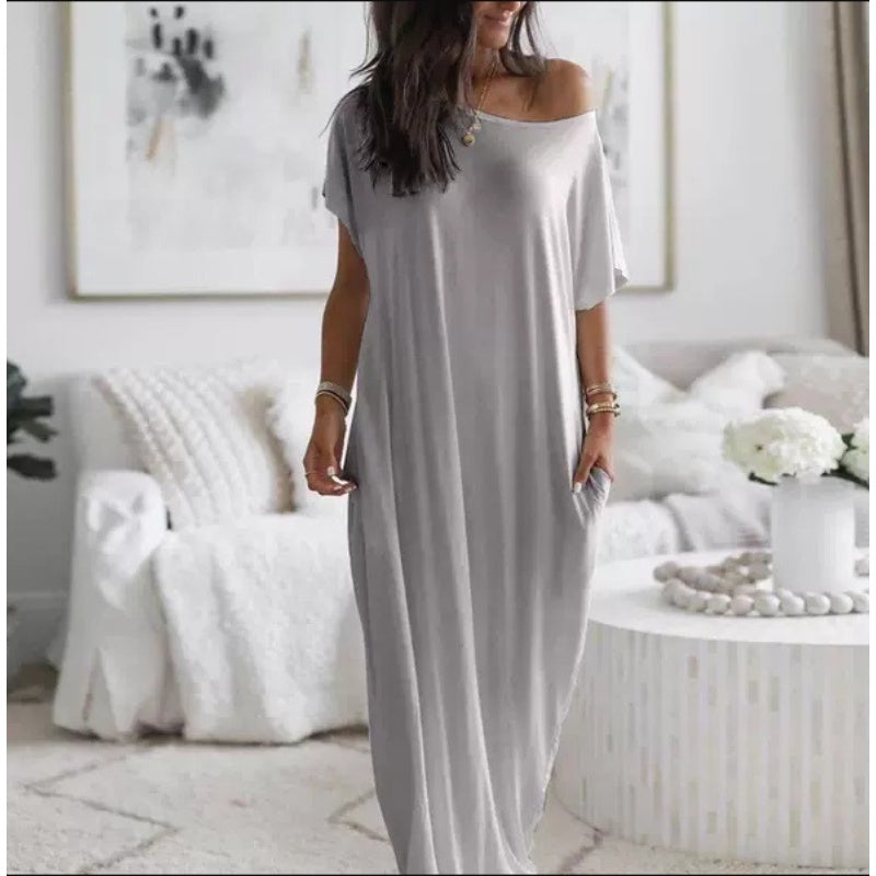 Women's Summer Casual Loose Solid Color Short-Sleeve Long Dress