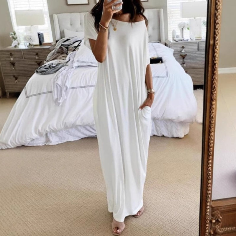 Women's Summer Casual Loose Solid Color Short-Sleeve Long Dress
