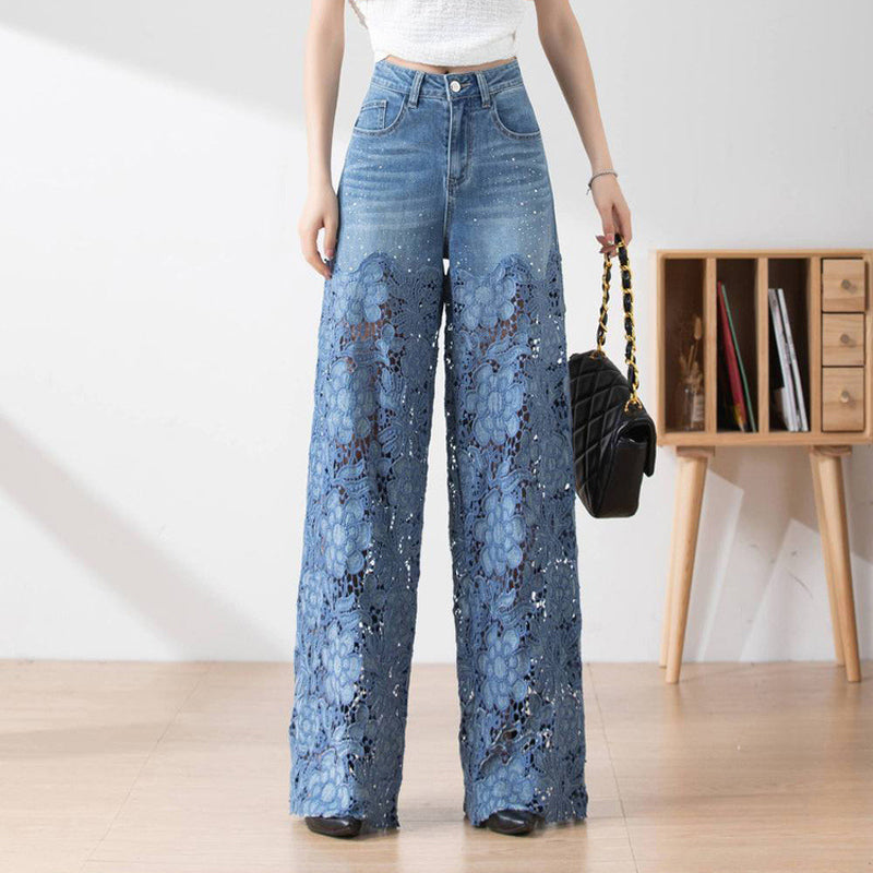 Women's High-Waisted Blue Denim Wide-Leg Pants (Hollow-out Lace Panels)