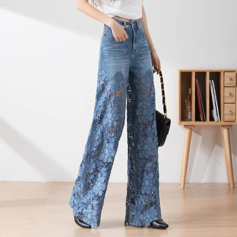 Women's High-Waisted Blue Denim Wide-Leg Pants (Hollow-out Lace Panels)