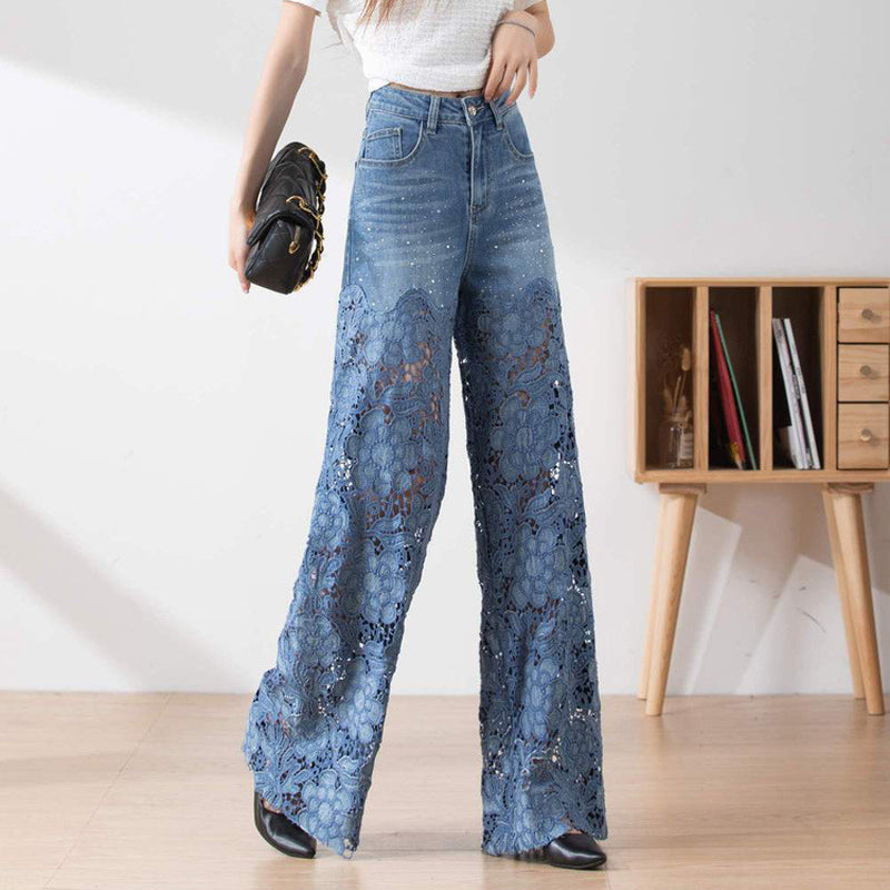 Women's High-Waisted Blue Denim Wide-Leg Pants (Hollow-out Lace Panels)