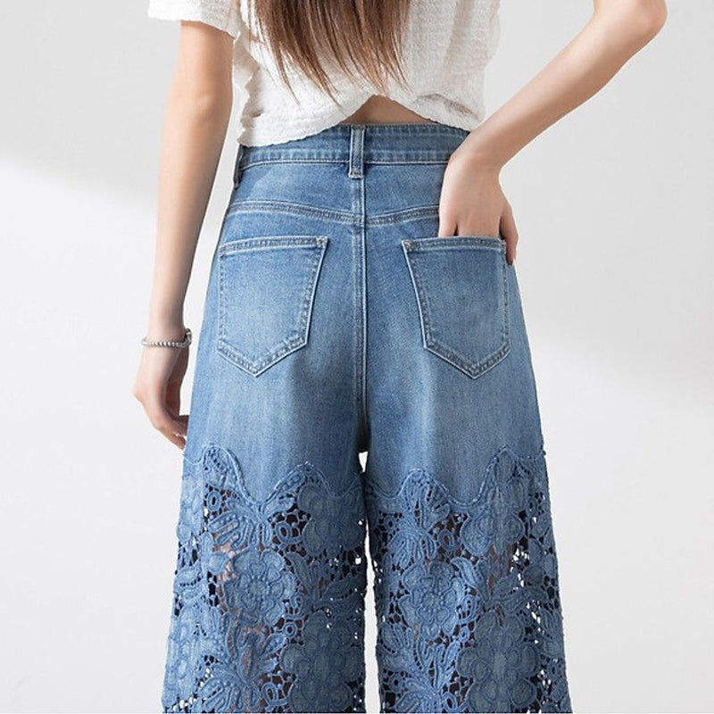 Women's High-Waisted Blue Denim Wide-Leg Pants (Hollow-out Lace Panels)