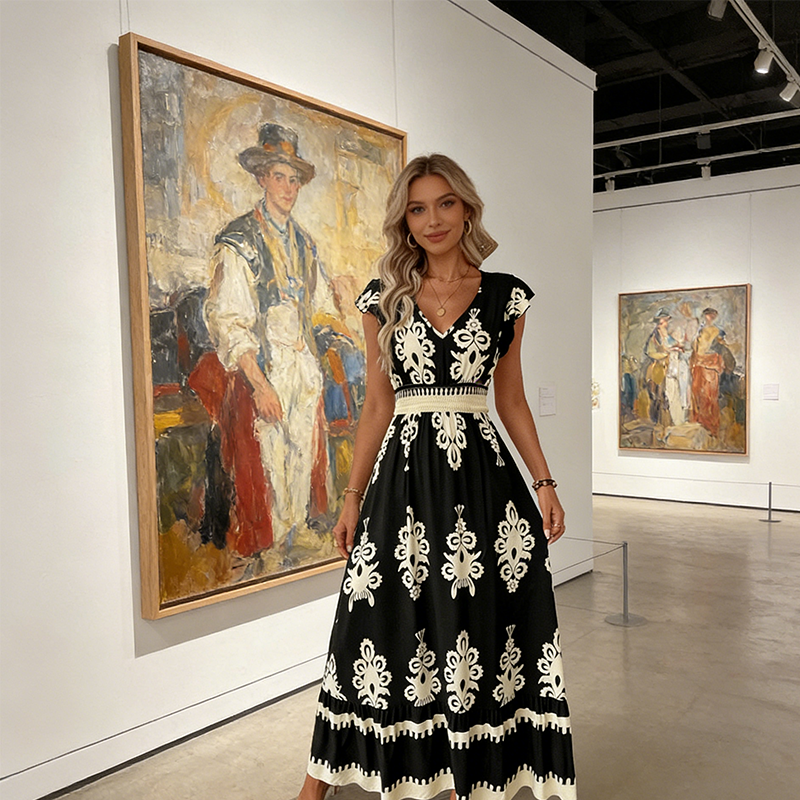 Women's V-Neck Baroque Print Flowy Maxi Dress