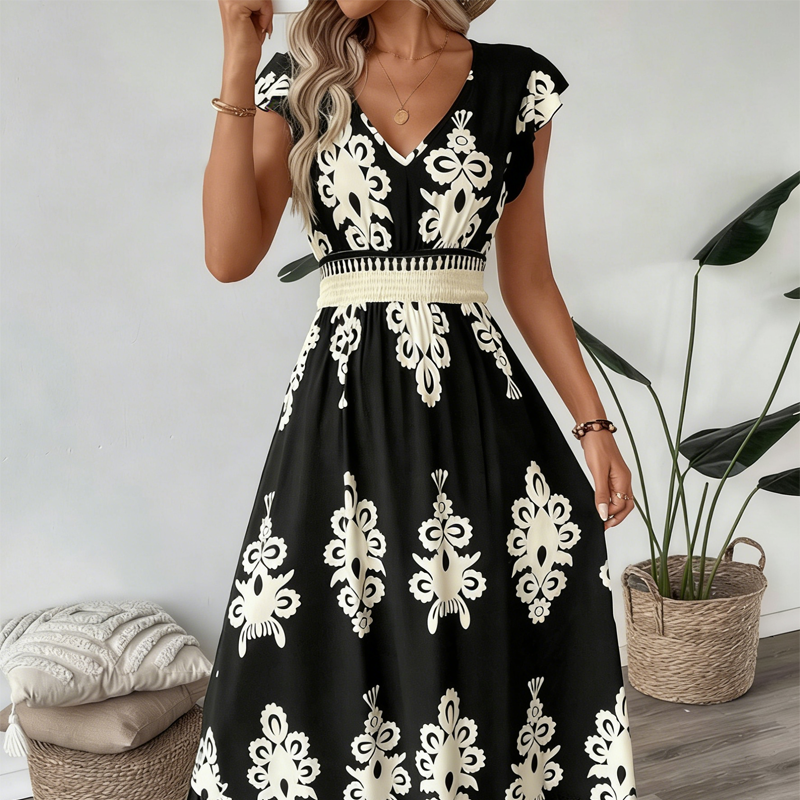 Women's V-Neck Baroque Print Flowy Maxi Dress