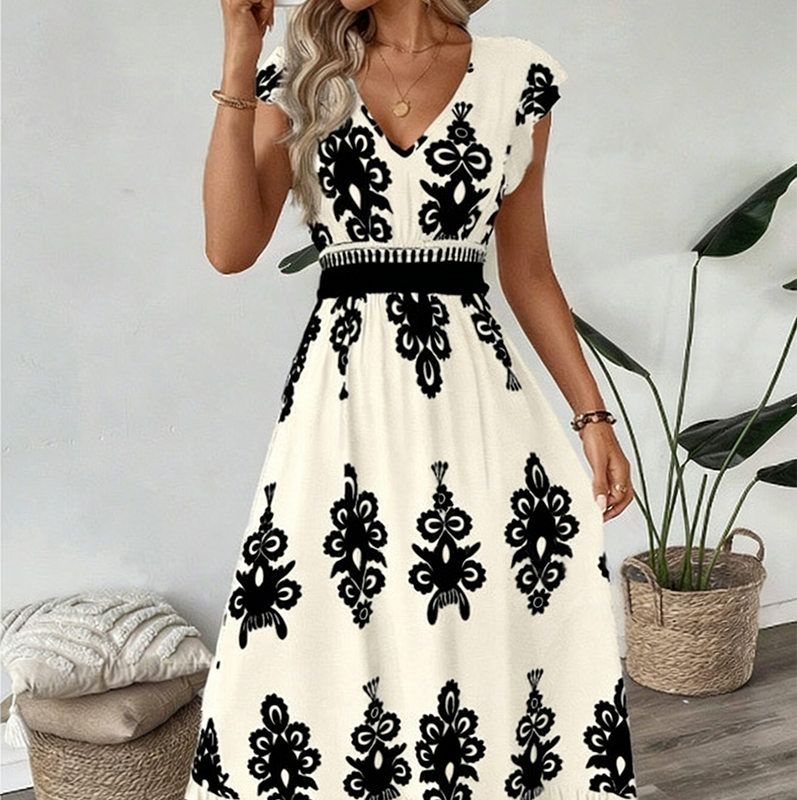 Women's V-Neck Baroque Print Flowy Maxi Dress
