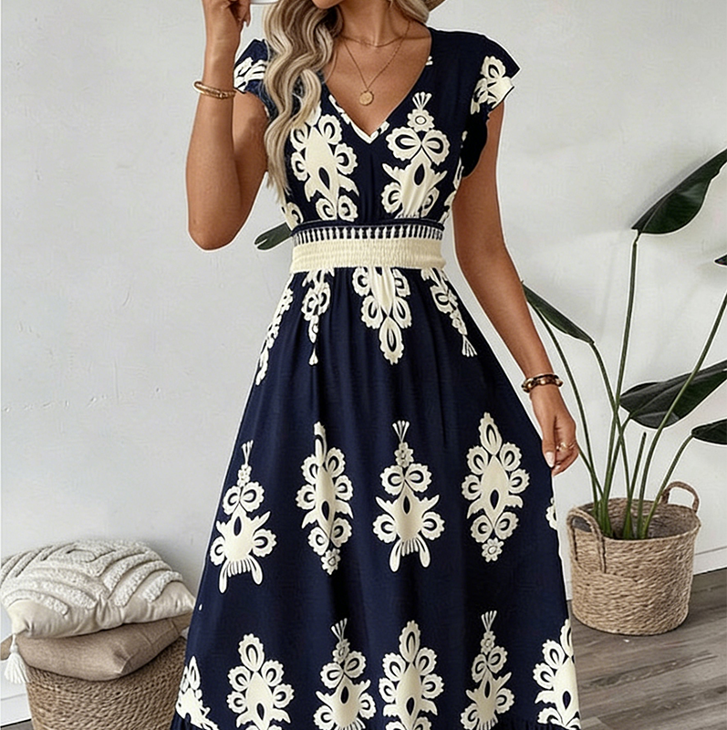 Women's V-Neck Baroque Print Flowy Maxi Dress