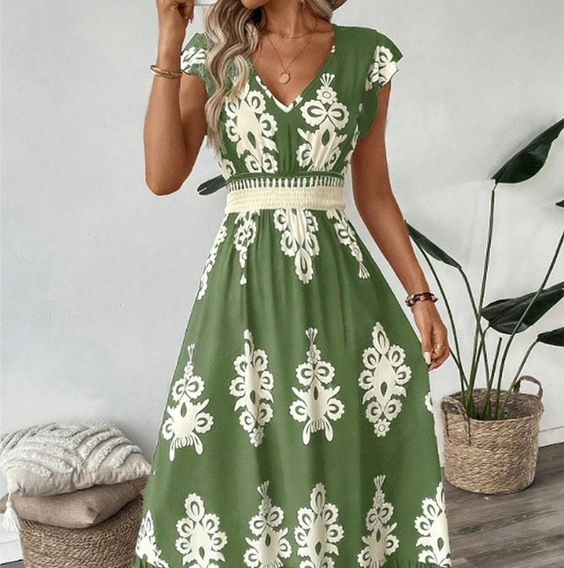 Women's V-Neck Baroque Print Flowy Maxi Dress