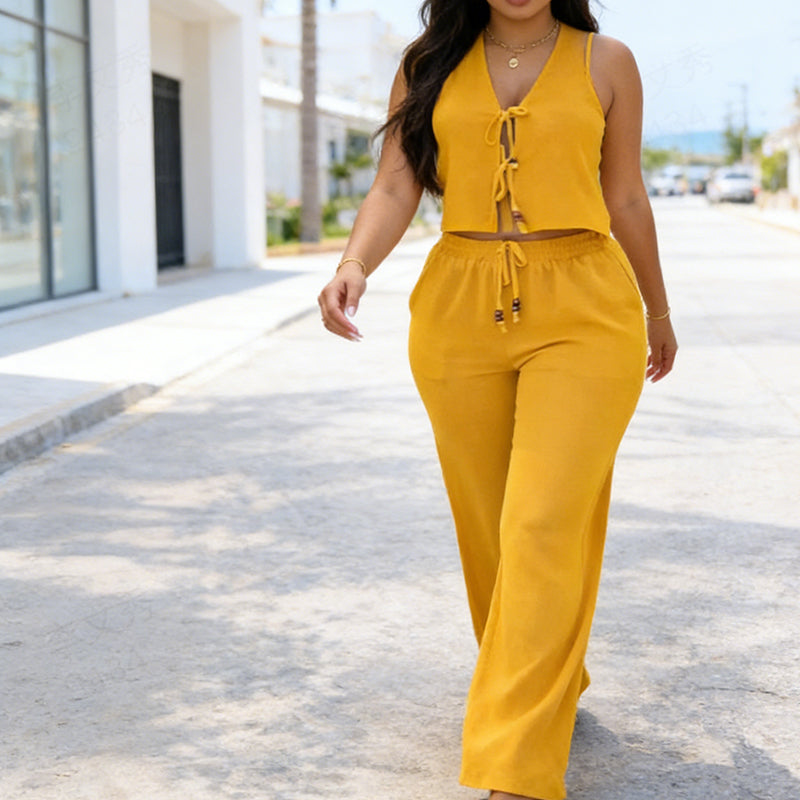 Sleeveless Tie-Front Top & Wide-Leg Pants Set