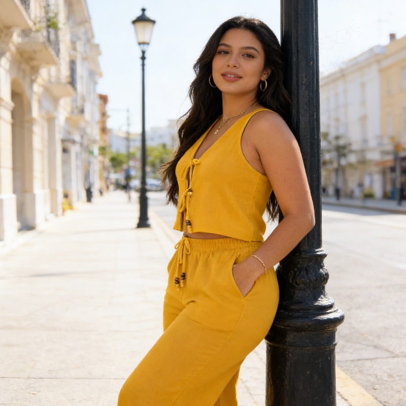 Sleeveless Tie-Front Top & Wide-Leg Pants Set