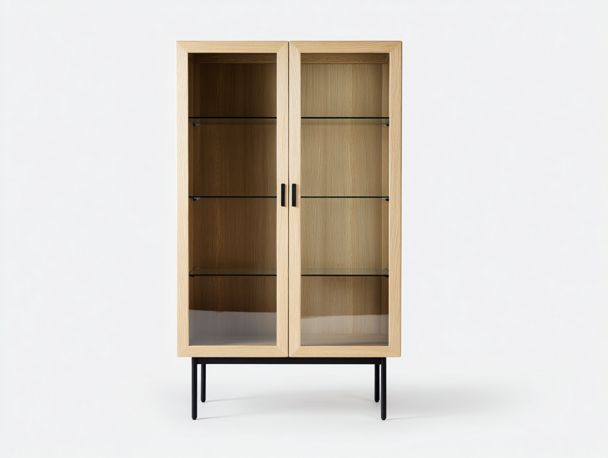 Display Cabinet Wood Glass 33x16x72 inches - Natural Wood Black - Modern Storage Design-Nookhut