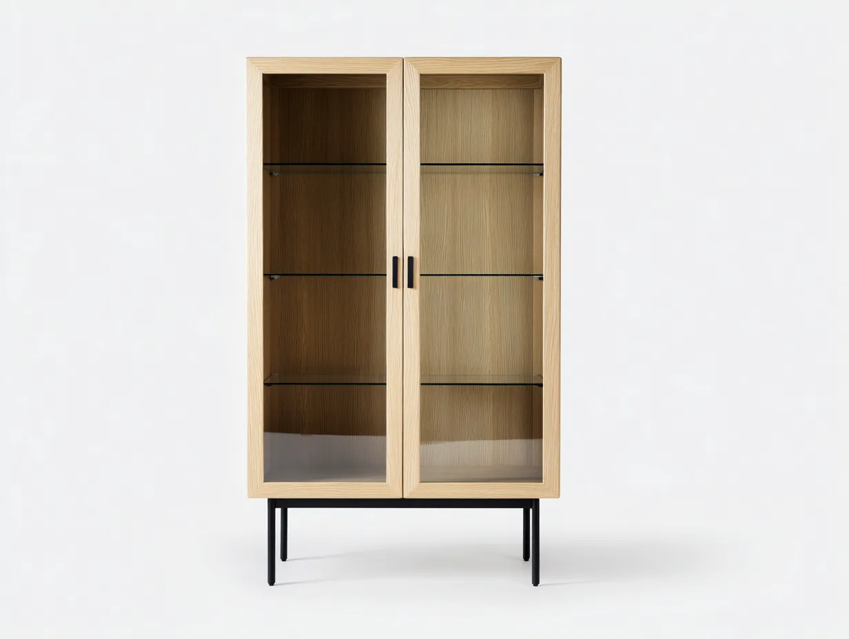 Display Cabinet Wood Glass 33x16x72 inches - Natural Wood Black - Modern Storage Design-Nookhut