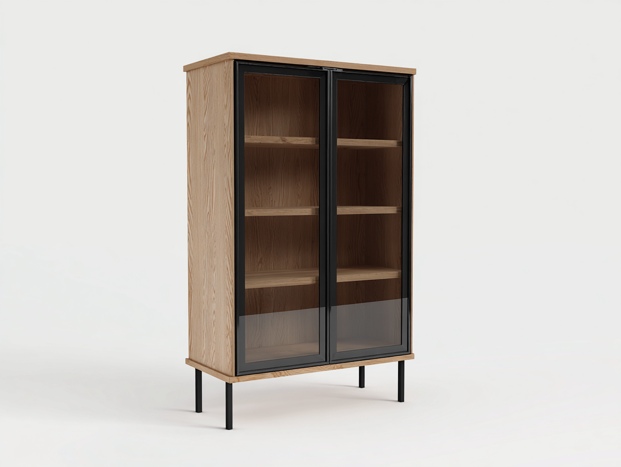 Display Cabinet wood construction 32x15x63 inches - natural wood black - modern glass door design-Nookhut