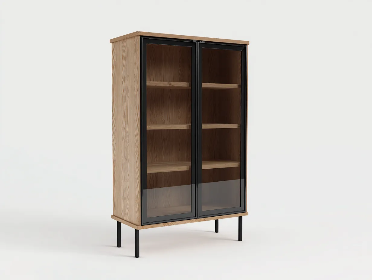 Display Cabinet wood construction 32x15x63 inches - natural wood black - modern glass door design-Nookhut