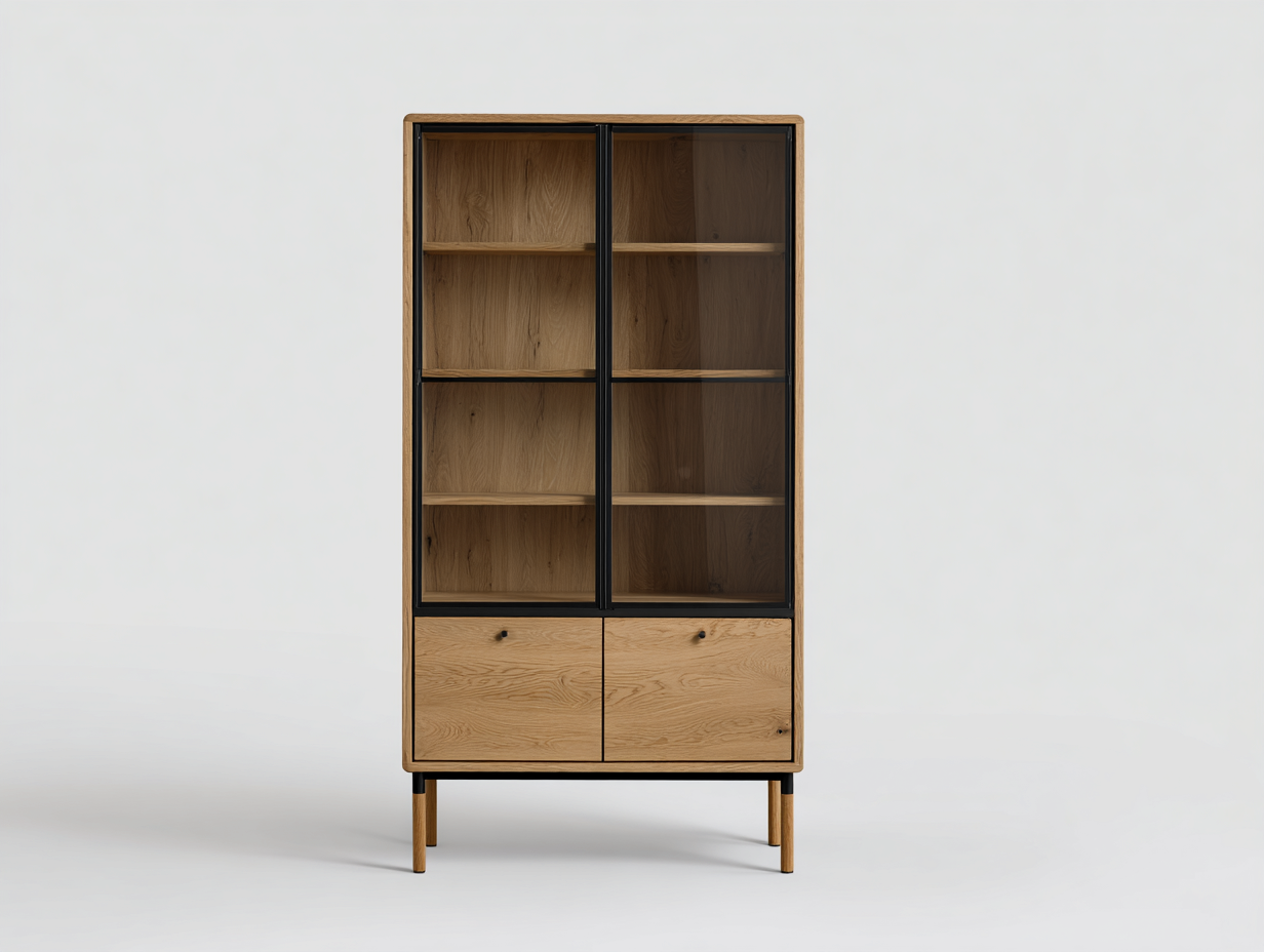 Display Cabinet wood construction 34x16x72 inches - natural wood black - modern glass door design-Nookhut