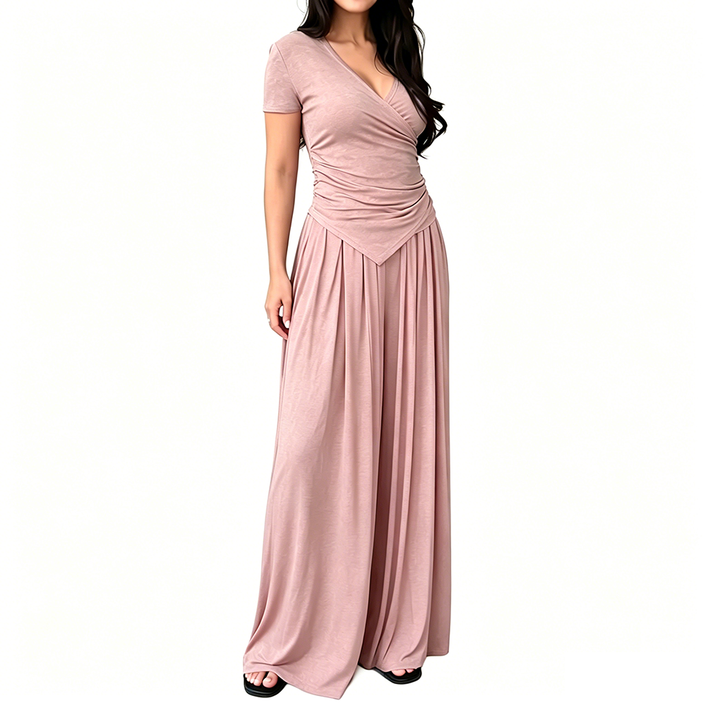 V Neck Wrap Top & High Waist Wide Leg Pants Set