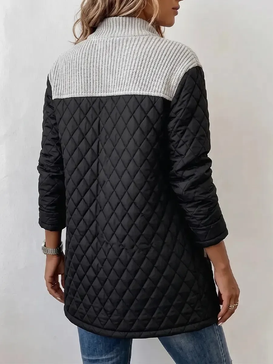 Vintage Elegant Knit Patchwork Pu Quilted Coat