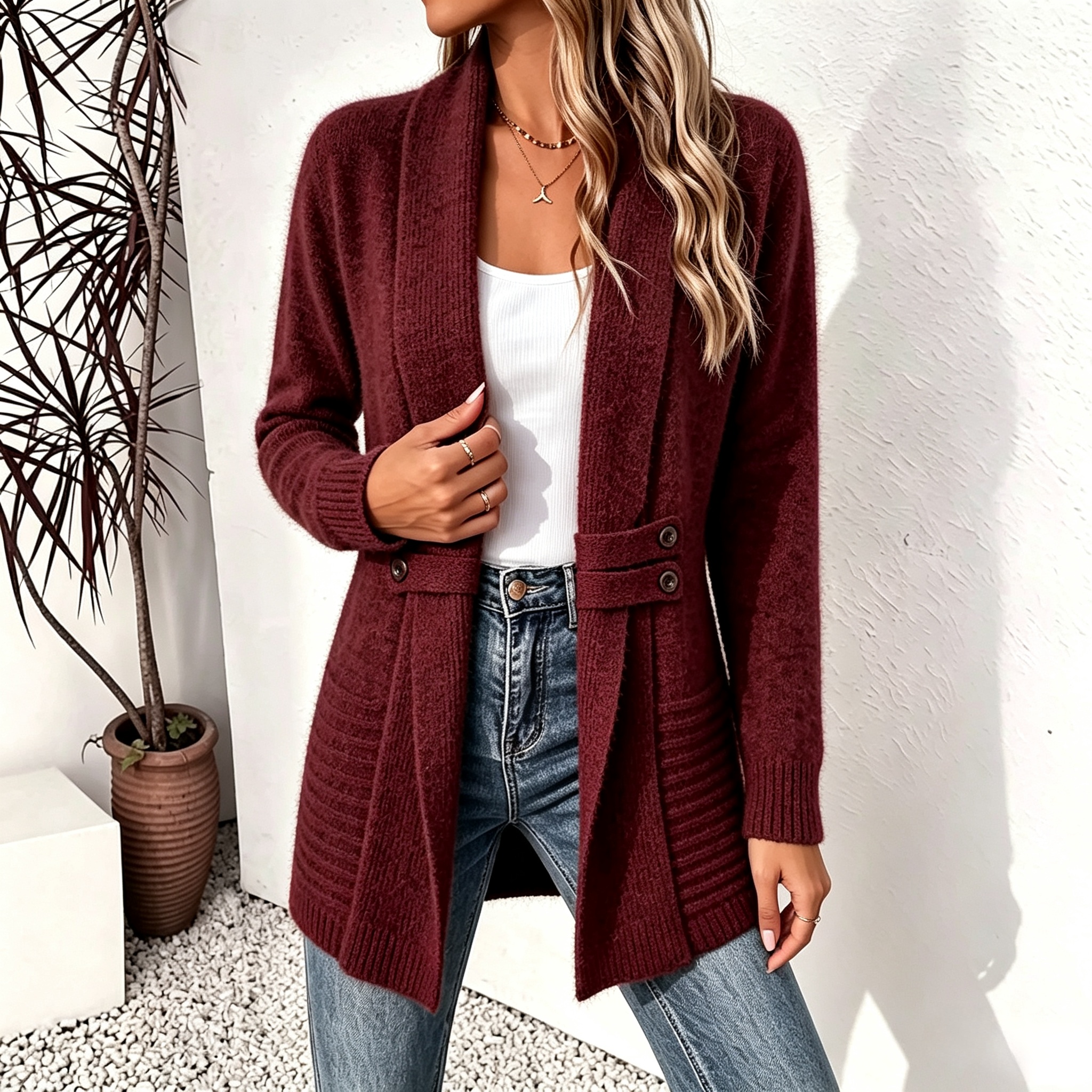 Women's Long Cardigan Knit Cardigan Streetwear Work Open Front Knitted Long Sleeve Long Tops Knit claret Coffee brown Fall Winter