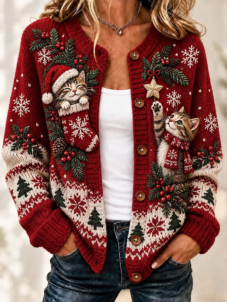 Women's Christmas Animal Retro Art Print Knitted Casual Sweater