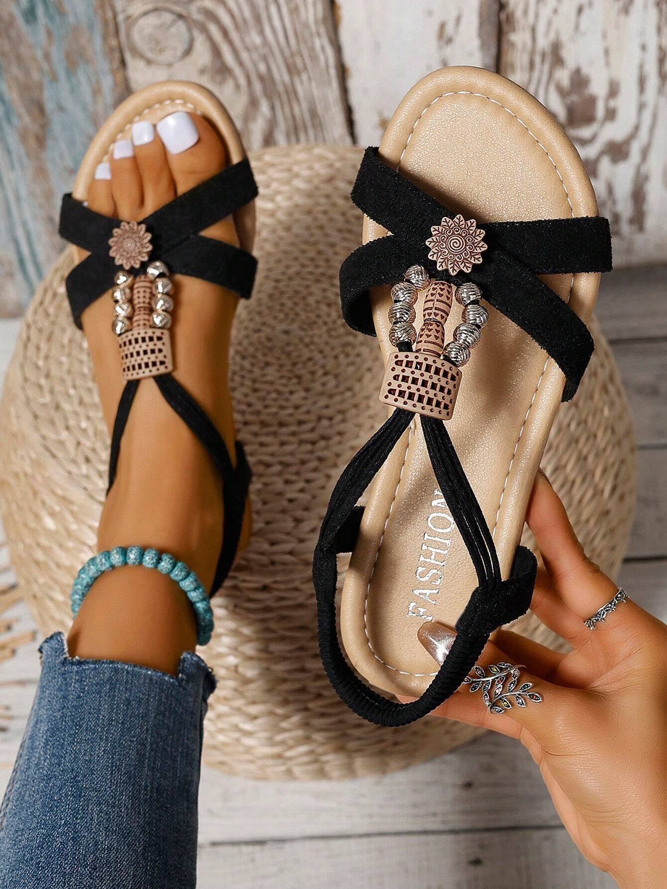 Women's Vacation Summer Flat Beaded Strap Sandals