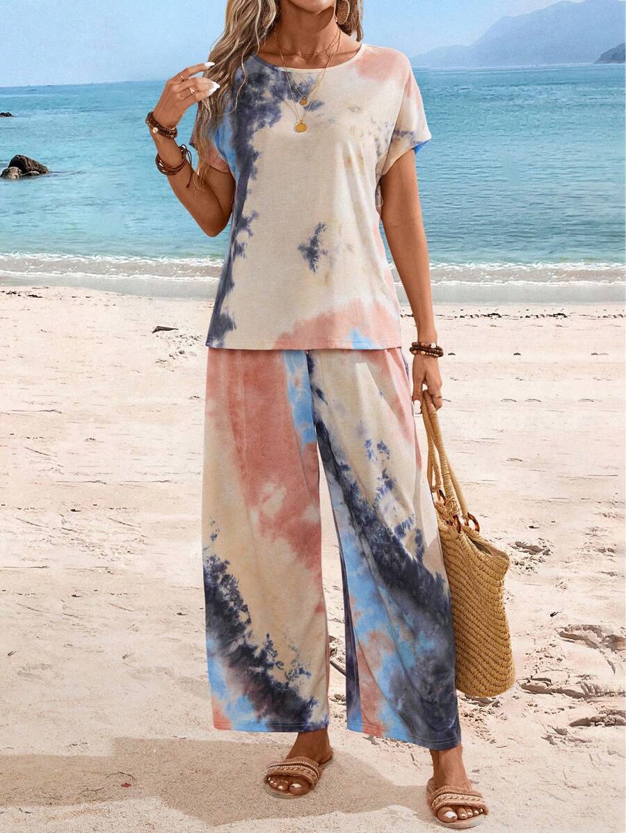 EMERY ROSE Women's Summer Tie Dye Printed Crew Neck Short Sleeve Top And Pants