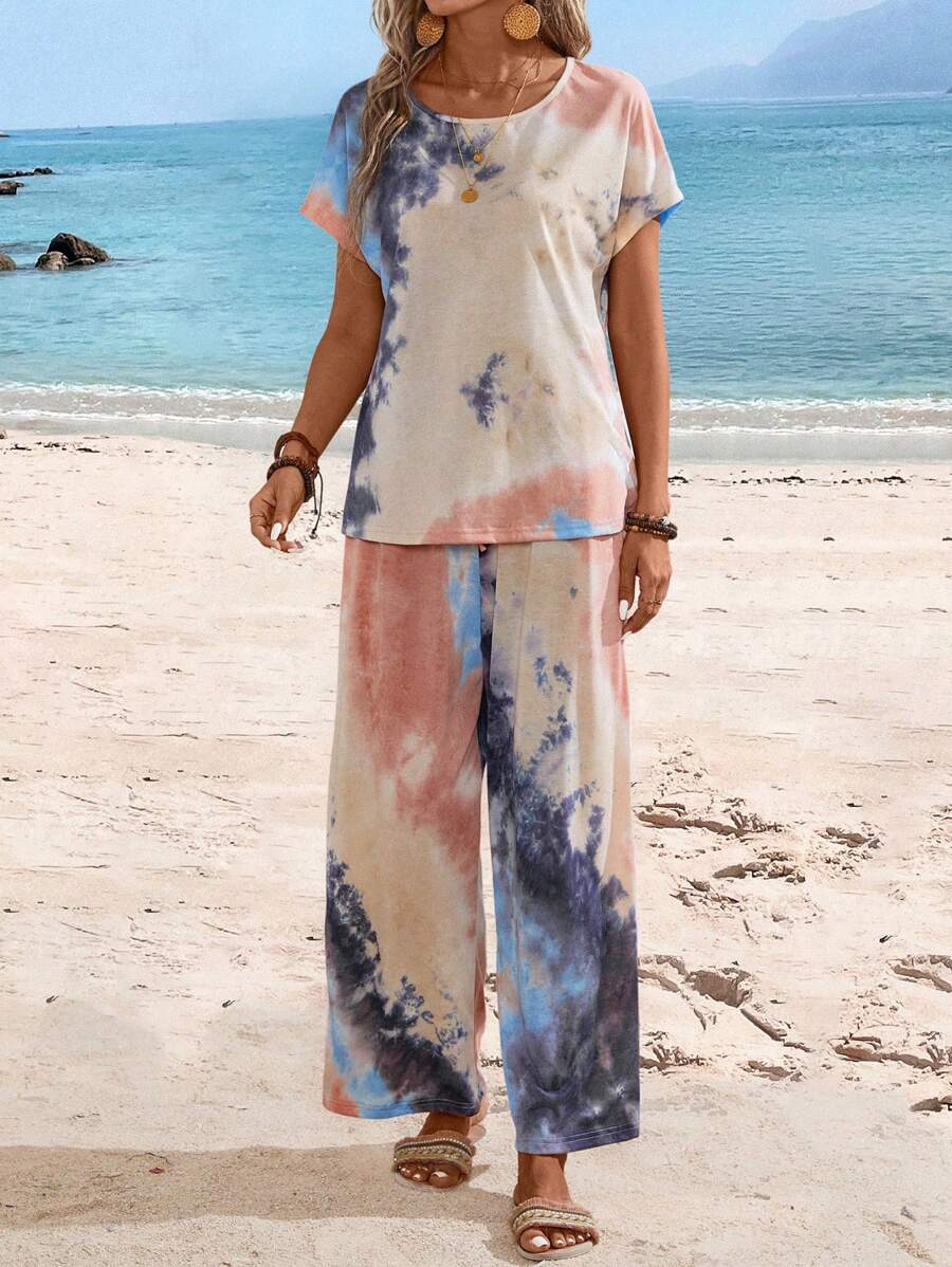 EMERY ROSE Women's Summer Tie Dye Printed Crew Neck Short Sleeve Top And Pants