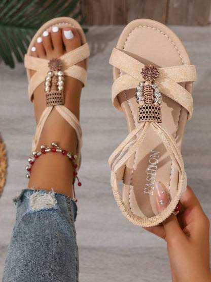 Women's Vacation Summer Flat Beaded Strap Sandals