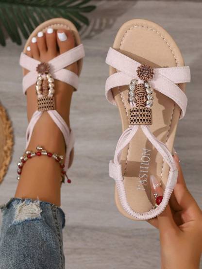 Women's Vacation Summer Flat Beaded Strap Sandals