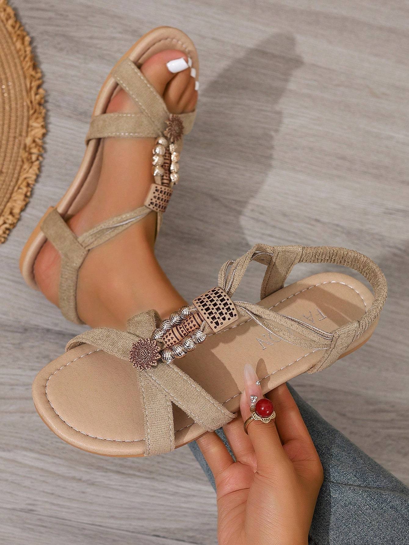 Women's Vacation Summer Flat Beaded Strap Sandals