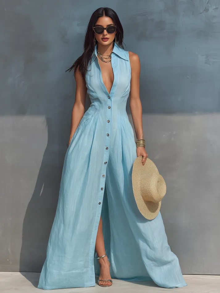 Women's Minimalist Linen-Blend Sleeveless Collared Single-Breasted Maxi Dress