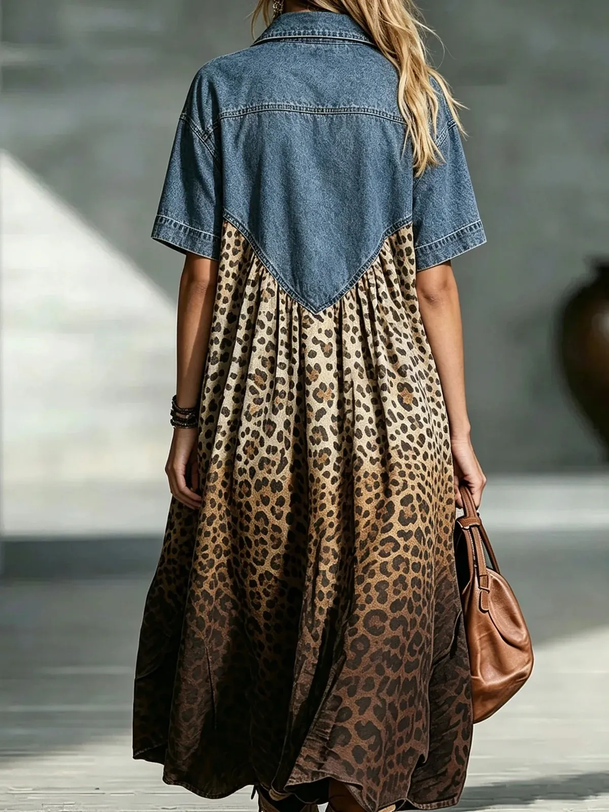 Denim Spliced Print Shirt Maxi Dress