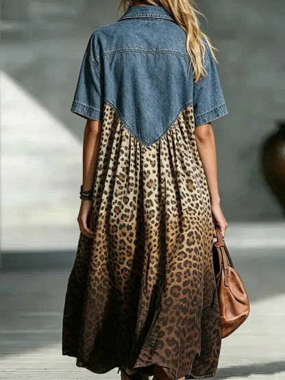 Denim Spliced Print Shirt Maxi Dress
