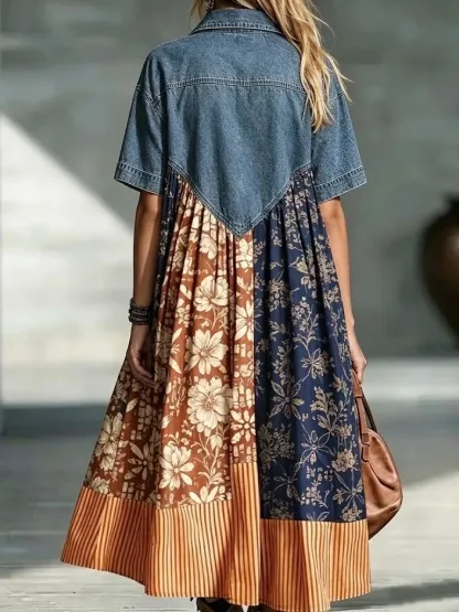 Denim Spliced Print Shirt Maxi Dress